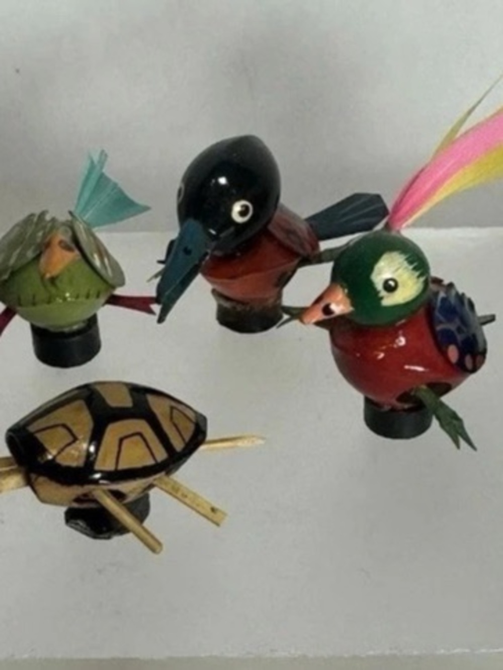 8 Miniature Wood Animal Hand Painted Magnets Turtle Peacock Birds Movement